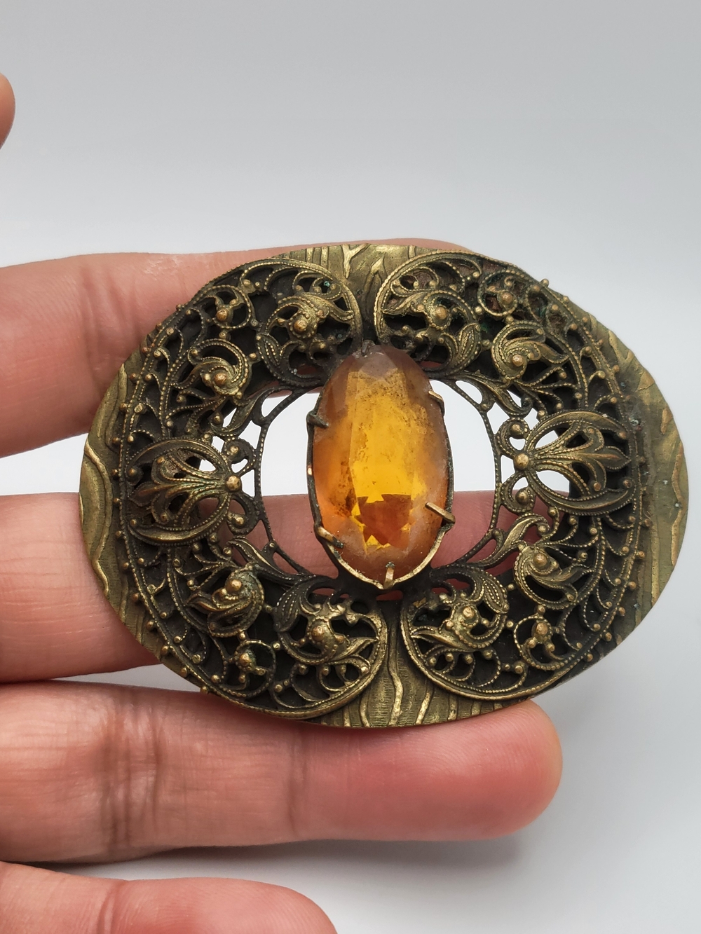 Vintage Brass Filigree Amber Glass Brooch 1930s-50s AS IS Needs Pin Repair